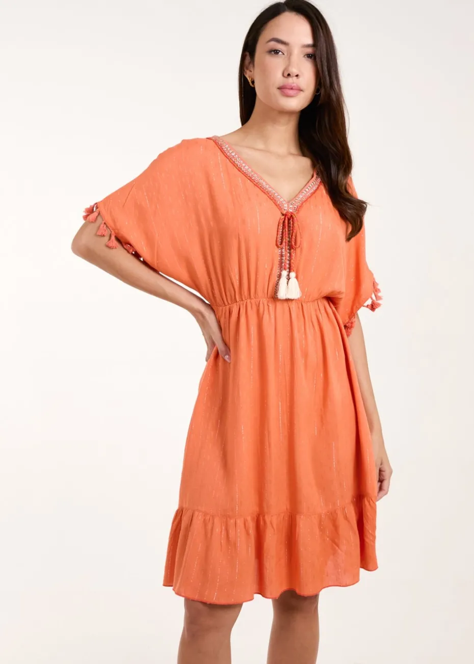 Blue Vanilla Coral Tassel Detail V Neck Dress