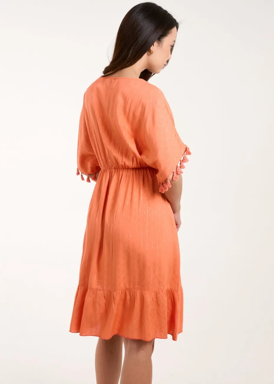 Blue Vanilla Coral Tassel Detail V Neck Dress