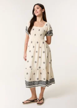 Blue Vanilla Cream Shirred Square Neck Border Print Puff Sleeve Midi Dress