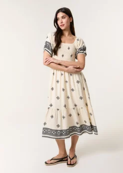 Blue Vanilla Cream Shirred Square Neck Border Print Puff Sleeve Midi Dress
