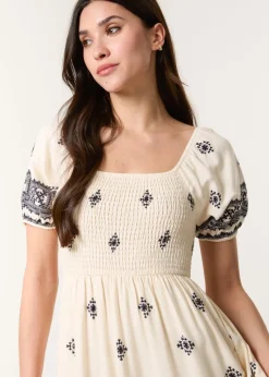 Blue Vanilla Cream Shirred Square Neck Border Print Puff Sleeve Midi Dress