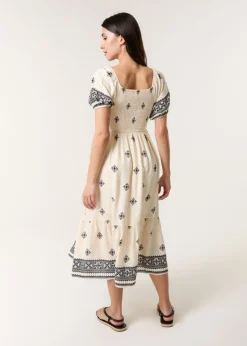 Blue Vanilla Cream Shirred Square Neck Border Print Puff Sleeve Midi Dress