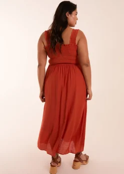 Blue Vanilla Curve Orange  Shirred Bust Button Down Midi Dress