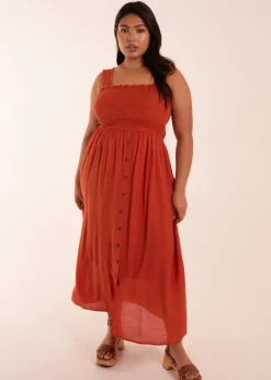 Blue Vanilla Curve Orange  Shirred Bust Button Down Midi Dress