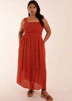 Blue Vanilla Curve Orange  Shirred Bust Button Down Midi Dress