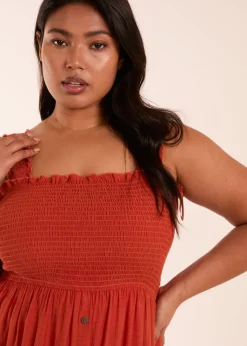 Blue Vanilla Curve Orange  Shirred Bust Button Down Midi Dress