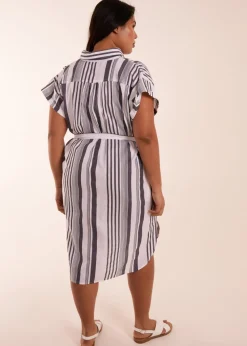 Blue Vanilla Curve  White  Stripe Button Front Shirt Dress
