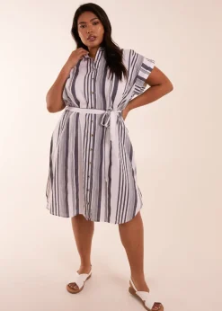 Blue Vanilla Curve  White  Stripe Button Front Shirt Dress