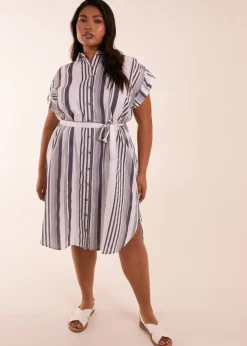 Blue Vanilla Curve  White  Stripe Button Front Shirt Dress