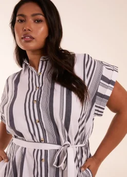 Blue Vanilla Curve  White  Stripe Button Front Shirt Dress