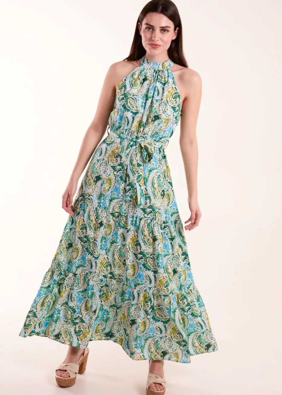 Blue Vanilla Green Halter Neck Paisley Maxi Dress
