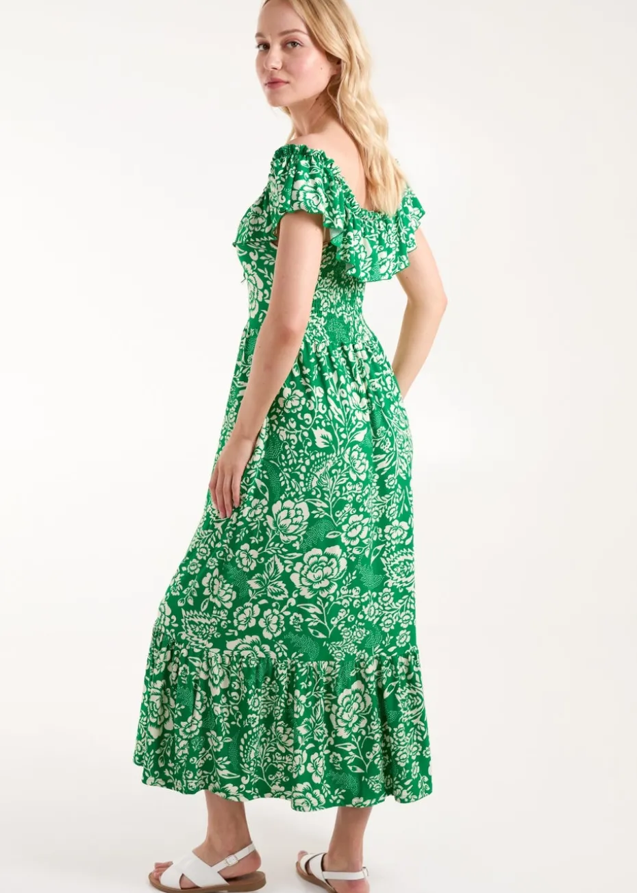 Blue Vanilla Green Off The Shoulder Hanky Hem Midi Dress