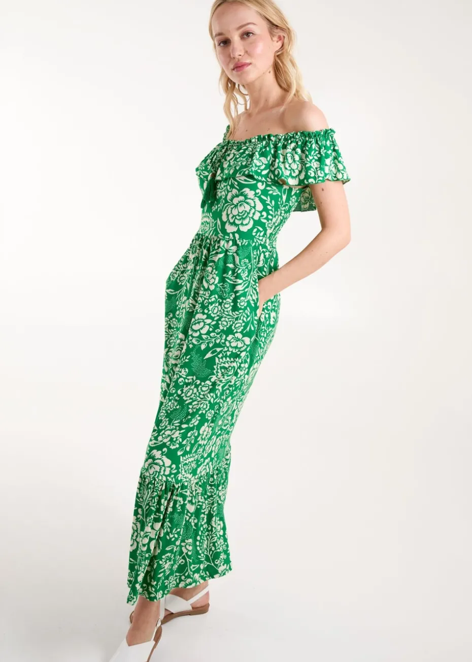 Blue Vanilla Green Off The Shoulder Hanky Hem Midi Dress