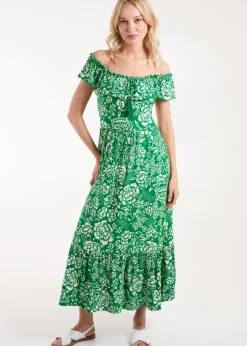 Blue Vanilla Green Off The Shoulder Hanky Hem Midi Dress