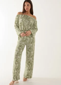 Blue Vanilla Green Off The Shoulder Top And Wide Leg Trouser Set