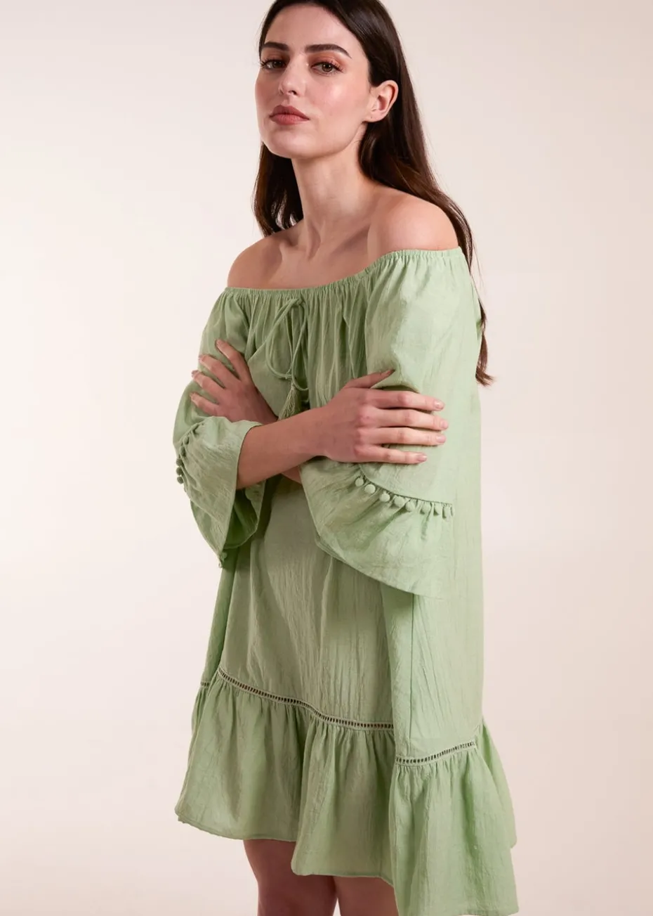 Blue Vanilla Green On Off Shoulder Tunic Dress