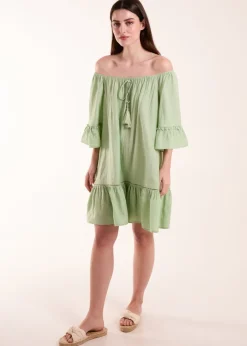 Blue Vanilla Green On Off Shoulder Tunic Dress