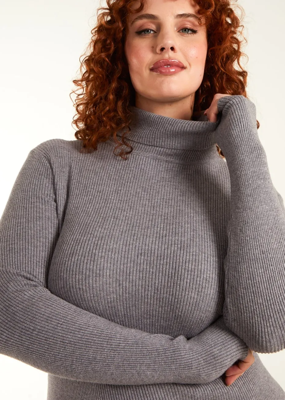 Blue Vanilla Grey Curve Ribbed Roll Neck Midi Dress