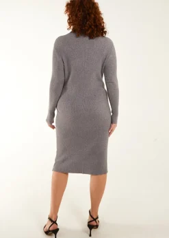 Blue Vanilla Grey Curve Ribbed Roll Neck Midi Dress