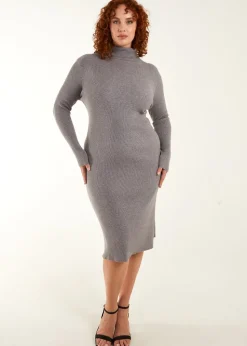Blue Vanilla Grey Curve Ribbed Roll Neck Midi Dress