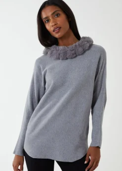 Blue Vanilla Grey Fur Collar Batwing Jumper