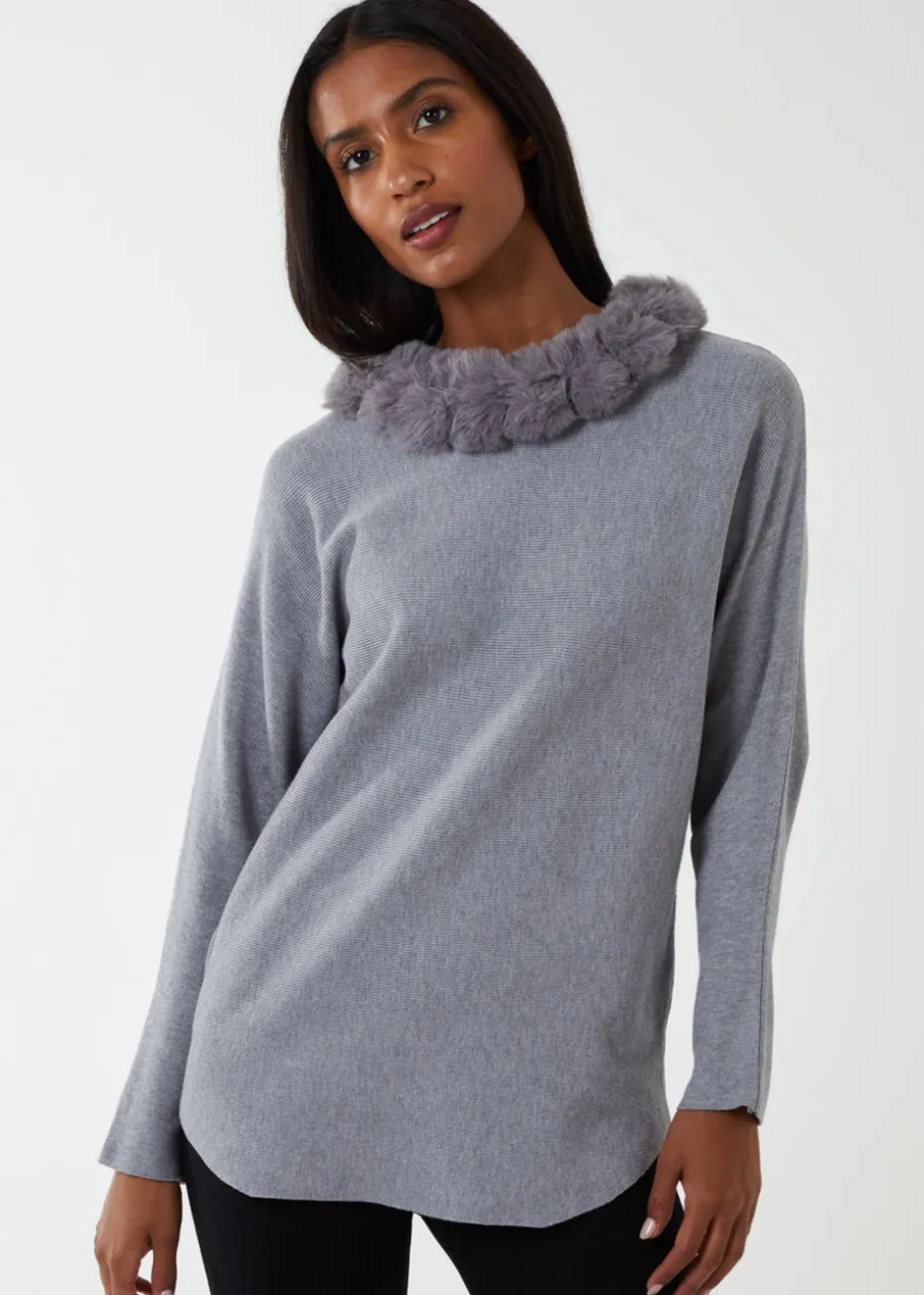 Blue Vanilla Grey Fur Collar Batwing Jumper