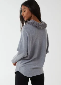 Blue Vanilla Grey Fur Collar Batwing Jumper