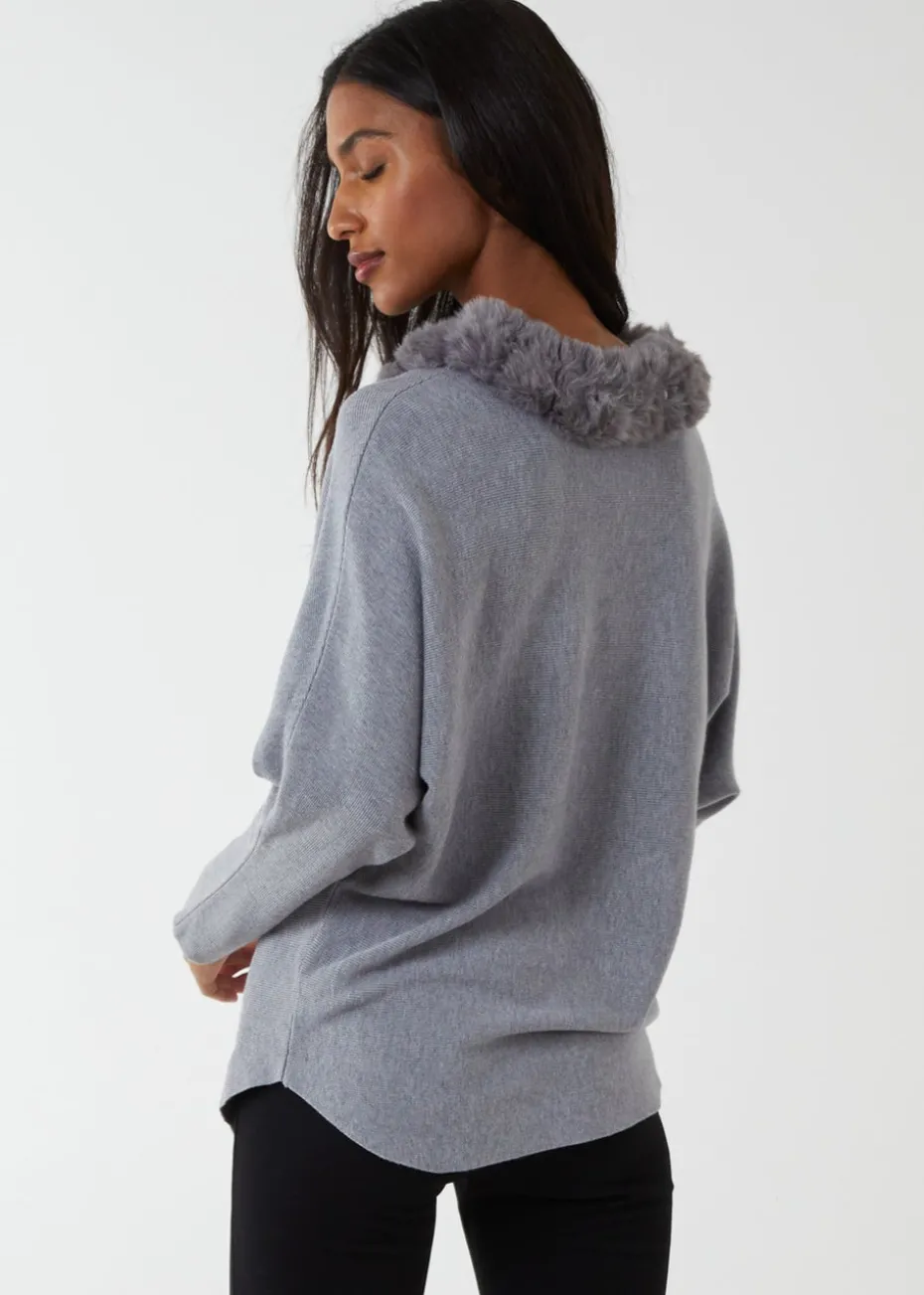Blue Vanilla Grey Fur Collar Batwing Jumper