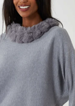 Blue Vanilla Grey Fur Collar Batwing Jumper
