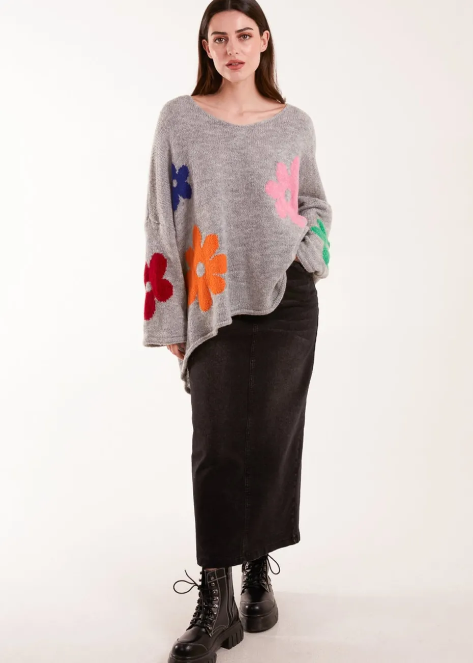 Blue Vanilla Grey Multi Coloured Daisy Flower Print Jumper