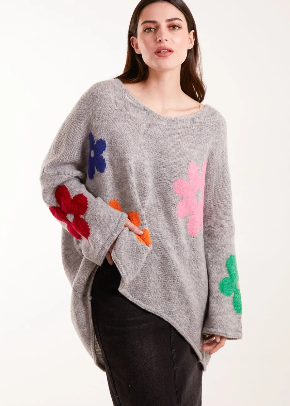 Blue Vanilla Grey Multi Coloured Daisy Flower Print Jumper