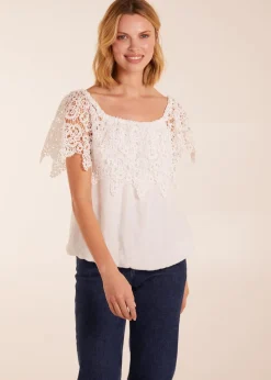Blue Vanilla Ivory Crochet Lace Puff Ball Top