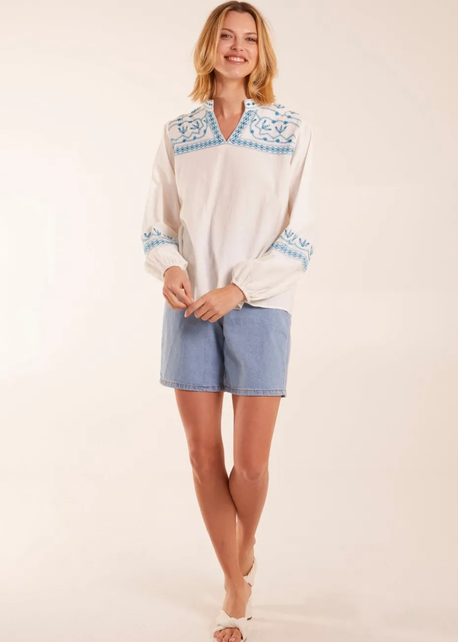 Blue Vanilla Ivory Full Sleeve Embroidered Blouse