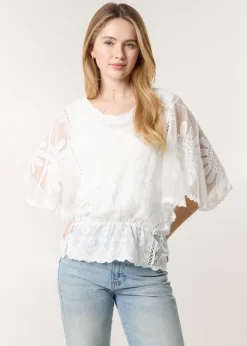 Blue Vanilla Ivory Sun Flower Lace Sleeve Blouse
