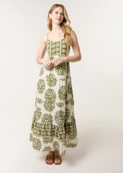 Blue Vanilla Khaki Abstract Strappy Button Front Maxi Dress