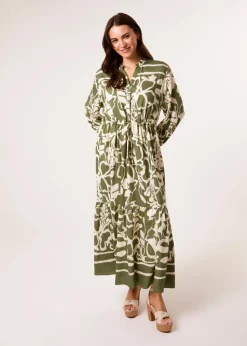 Blue Vanilla Khaki Abstract Floral Print Maxi Dress