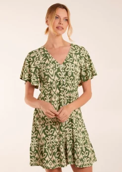 Blue Vanilla Khaki Button Through Elastic Waist Mini Dress