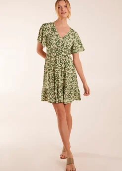 Blue Vanilla Khaki Button Through Elastic Waist Mini Dress