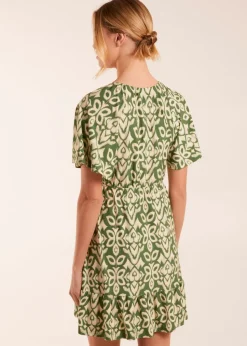 Blue Vanilla Khaki Button Through Elastic Waist Mini Dress