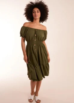 Blue Vanilla Khaki Coconut Button Dress