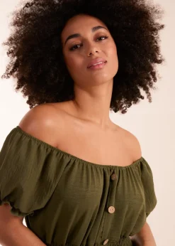 Blue Vanilla Khaki Coconut Button Dress