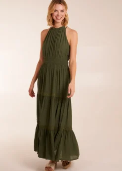 Blue Vanilla Khaki Crochet Halter Maxi Tiered Dress