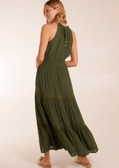 Blue Vanilla Khaki Crochet Halter Maxi Tiered Dress