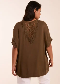 Blue Vanilla Khaki Curve Floral Crochet Back Top