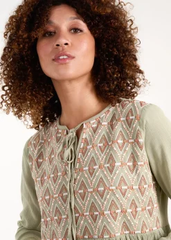 Blue Vanilla Khaki Embroidered Tunic Dress