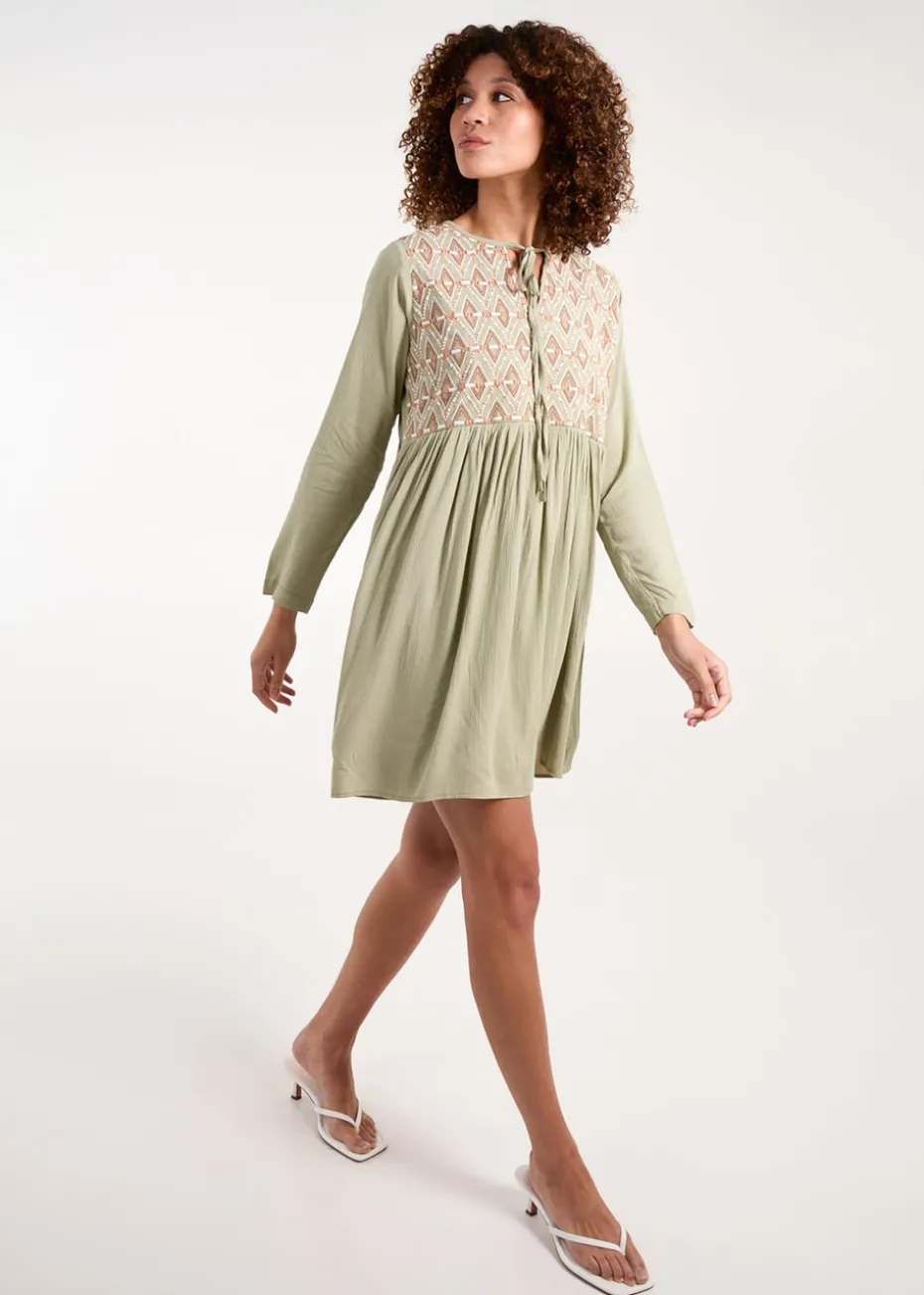Blue Vanilla Khaki Embroidered Tunic Dress