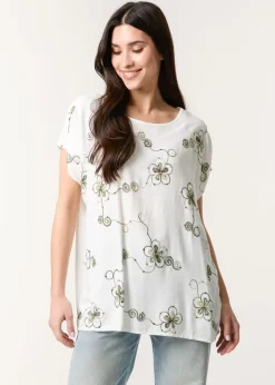 Blue Vanilla Khaki Embroidered Flower Top