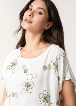 Blue Vanilla Khaki Embroidered Flower Top