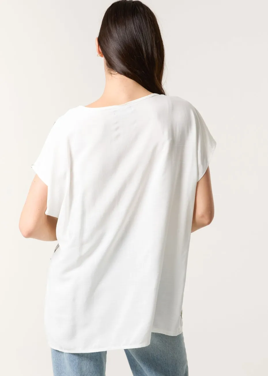 Blue Vanilla Khaki Embroidered Flower Top