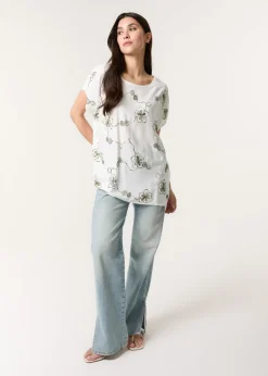Blue Vanilla Khaki Embroidered Flower Top